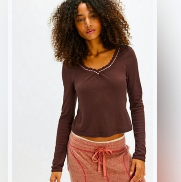 NWT Free People Only You Brown Long Sleeve Ribbon Laced Top - Picture 1 of 11